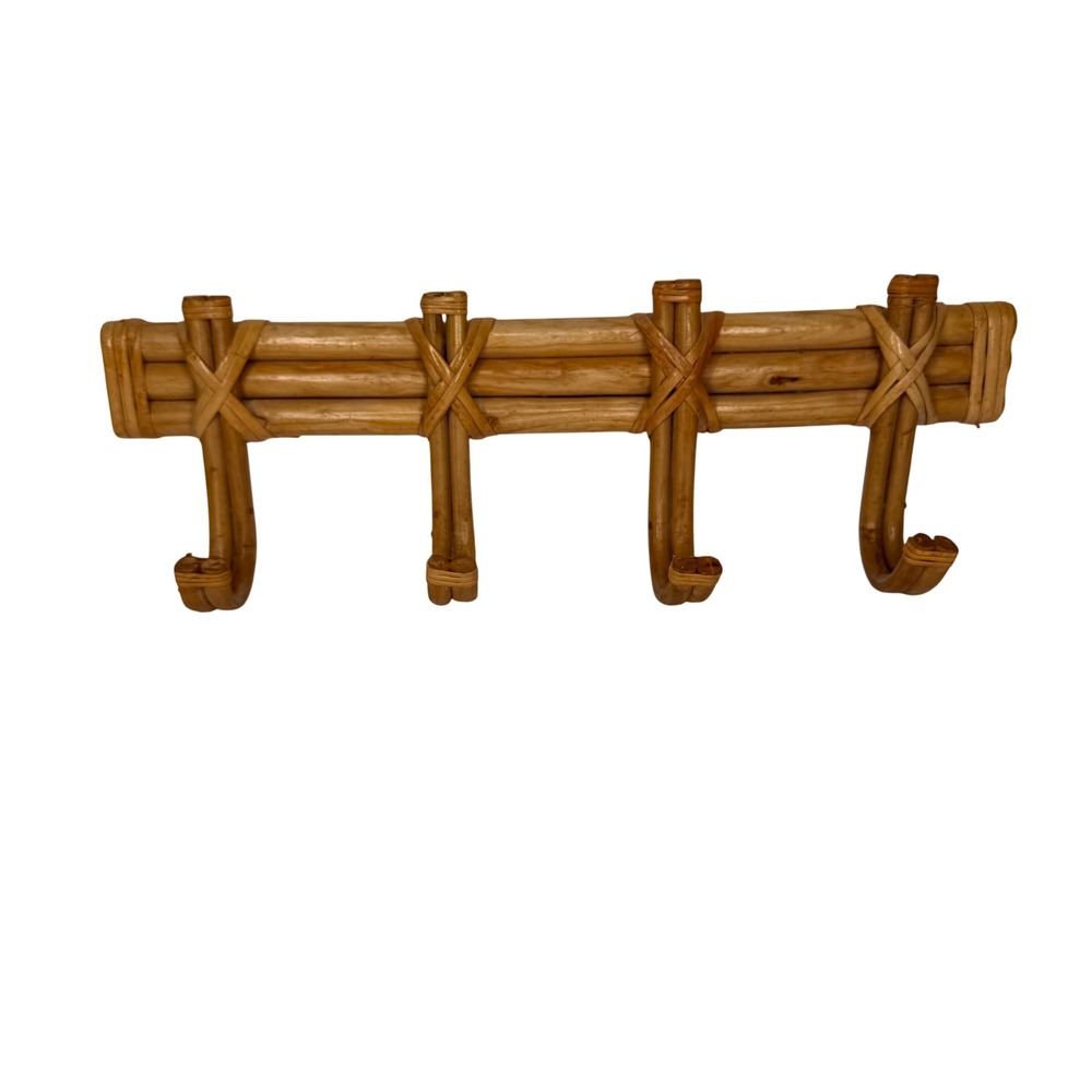 VTG Bamboo 4 Hook Wall Mount Coat Rack Boho Mid Century 70s 16" Long Natural